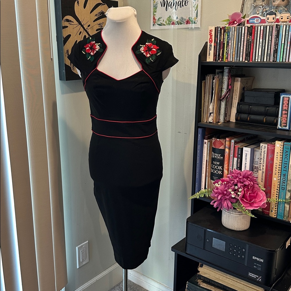 Hell Bunny Black Midi Dress with Red Floral Embroidery